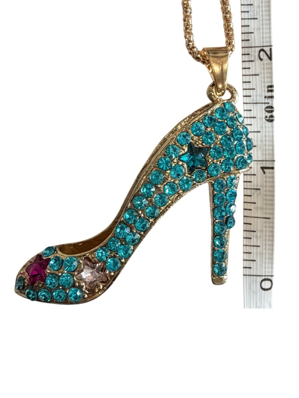 Betsey Johnson Blue Rhinestone Stiletto High-Heel Pendant Necklace NWT - Picture 8 of 9